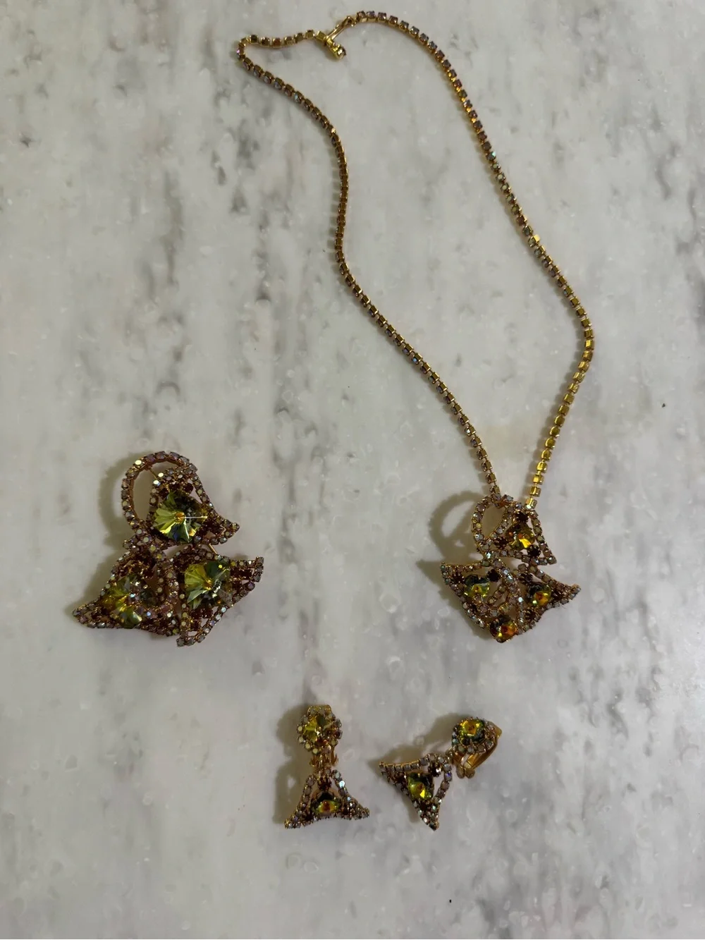 Vintage Antique-Vibe Gold Toned Bold Green Brooch, Earring, and Necklace Set